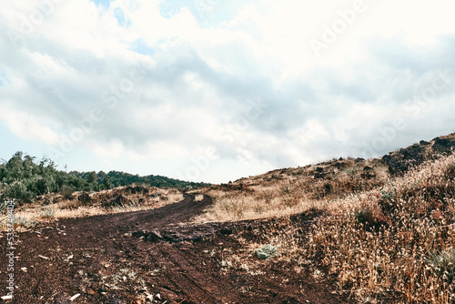 Panoramic wide view of colorful summits of active volcano Etna, Tallest volcano in Continental Europe, Sicily, Italy. Extinct craters on the slope of Mount Etna, traces of volcanic activity.