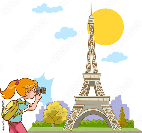 photographer girl takes photo of eiffel tower