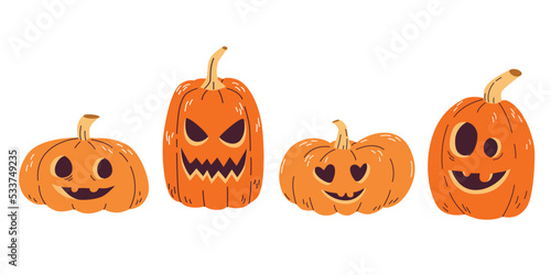 Set orange pumpkin with funny faces for the holiday Halloween. Vector illustration.