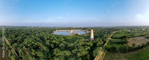 An aerial 180 degree panorama of Sheikhupura's famous landmark, Deer Tower or popularly known as Hiran Minar in local language. It was built by Mughal emperor.Sheikhupura, Pakistan.