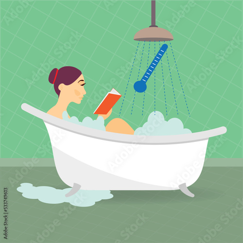 Woman in bath tub with shower and thermometer, shower temperature concept