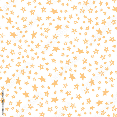 Seamless pattern with hand drawn gold stars on white background. Vector illustration of night sky elements, celestial bodies for wrapping paper, fabric print, cover, card design