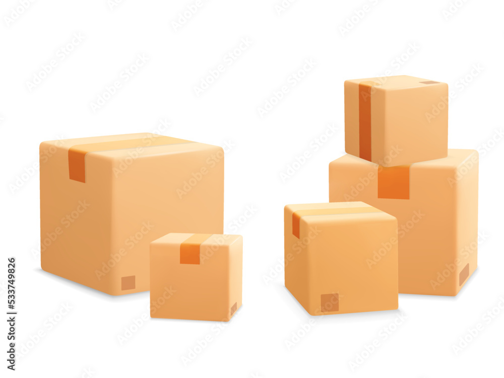 Collection of 3d vector realistic render pile of stacked cardboard parcel mockup icon. Template of shopping packages for good and paper boxes isolated on white background. Fast delivery, free shipping Collection of 3d vector realistic render pile of stacked cardboard parcel mockup icon. Template of shopping packages for good and paper boxes isolated on white background. Fast delivery, free shipping