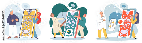 Online medical consultation and support metaphor. Online doctor. Healthcare services, Ask doctor. Tele medicine e-health service. Therapist videocalling phone screen. Diagnosis treatment of patients