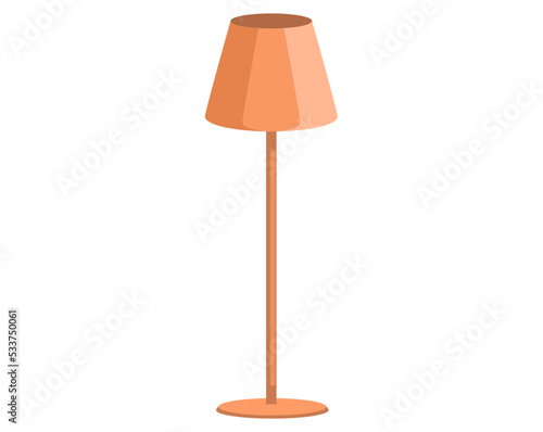 High floor lamp on long leg with fabric top. Cartoon decoration for interior design of room. Room lighting element isolated in white background. Lighting device in flat design. Interior floor lamp