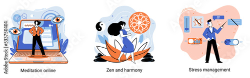 Meditation online. Self-management, self regulation learning, self-organization course, control over emotions metaphor Online yoga at home meditating. Deals with stress management, zen and harmony