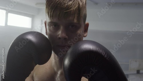 Male serious boxer standing near ring in fighting pose with clenched fists portrait, zoom in shot. Young fighter training punch in gloves, looking at camera, front view photo