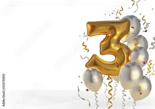Composition of holiday balls with numbers. Number three balloon and plain confetti balloons. 3d rendering.