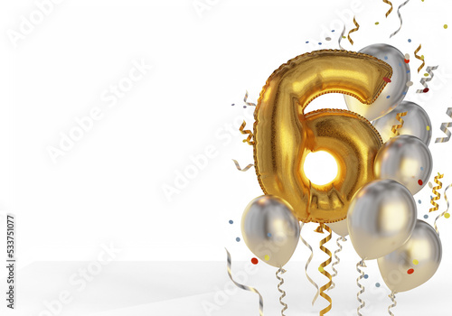 Composition of holiday balls with numbers. Number six balloon and plain confetti balloons. 3d rendering.