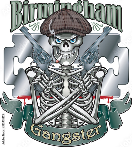 Human skeleton peaky blinder gang member holding Webley revolvers