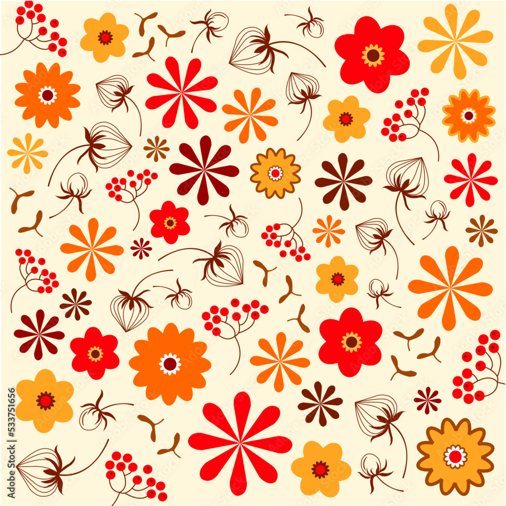 Autumn flowers pattern, vivid colors, vector graphic.