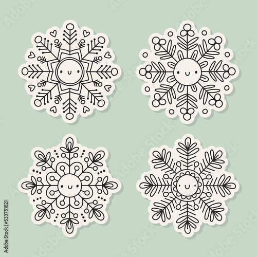 Vector set of doodle snowflakes. Kawaii winter characters. Christmas stickers. Outline illustration.