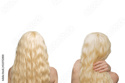 Woman with long blond and curly hair.