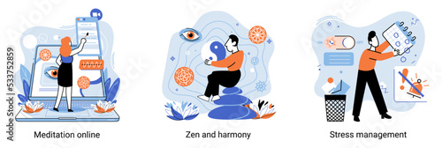 Meditation online. Self-management, self regulation learning, self-organization course, control over emotions metaphor Online yoga at home meditating. Deals with stress management, zen and harmony