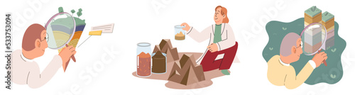 Soil analysis and earth pollution metaphor or structure control. Nutrients microorganism composition research ground layer structure sample. Soil laboratory test. Scientist measuring levels status