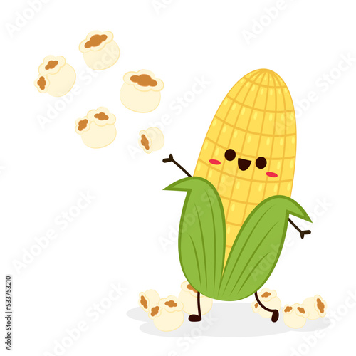 Corn and popcorn cartoon. Vector mascot, cartoon and illustration of a corn holding popcorn. Character design.