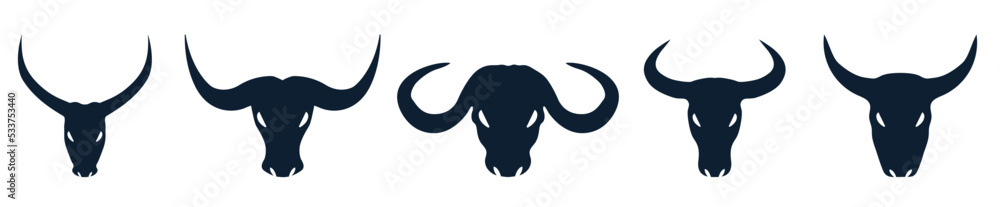 Bull head logo icon vector. Silhouette Bull, cow head with long horn vector logo design Bull head logo icon vector. Silhouette Bull, cow head with long horn vector logo design