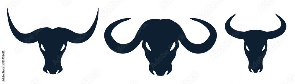 Bull head logo icon vector. Silhouette Bull, cow head with long horn vector logo design Bull head logo icon vector. Silhouette Bull, cow head with long horn vector logo design