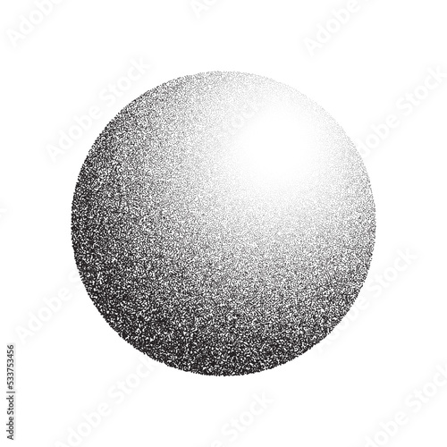 Grain circle gradient. Stippled round shape. Radial stochastic dotwork texture. Random grunge noise background. Black dots sphere. Halftone vector 