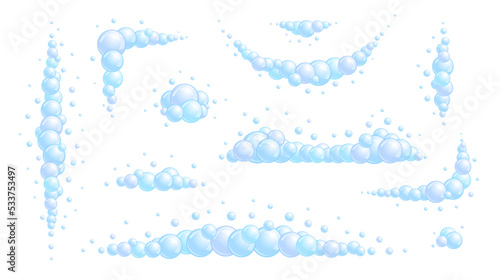 Soap bubble dividers set. Different foam decoration elements collection. Blue suds clouds borders. Vector
