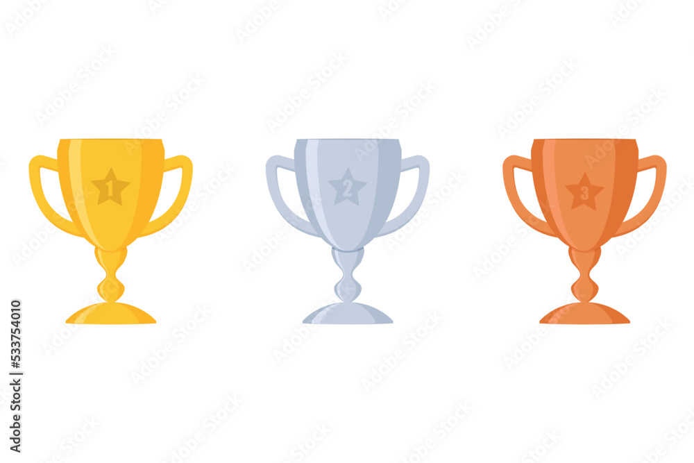 Gold, Silver and Bronze Trophy Cup. Award with first, second and third place. Trophy cup, award for victory. Champions or winners. Vector illustration Gold, Silver and Bronze Trophy Cup. Award with first, second and third place. Trophy cup, award for victory. Champions or winners. Vector illustration