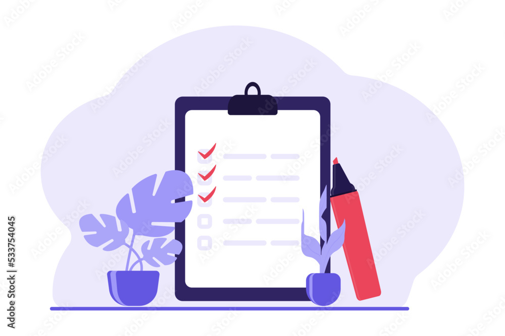 Clipboard with checklist icon. Checklist, complete tasks, to-do list, survey, exam concepts. Work project plan concept, fast checklist. Flat style design vector illustration