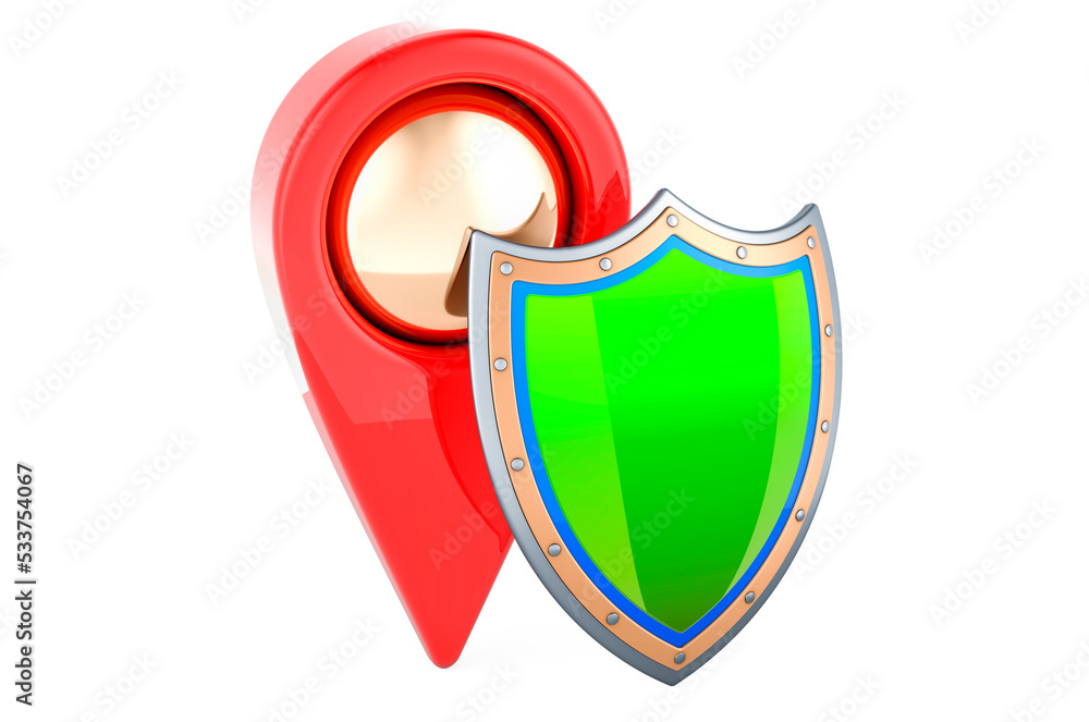 Map pointer with shield, 3D rendering Map pointer with shield, 3D rendering