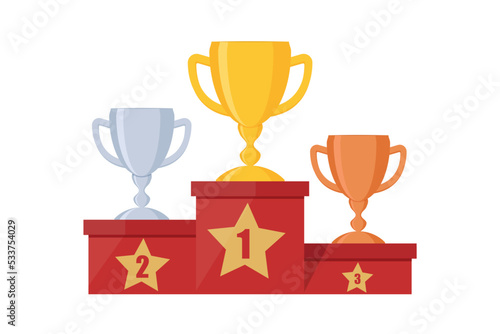 Gold, Silver and Bronze Trophy Cup on prize podium. Award with first, second and third place. Trophy cup, award for victory. Champions or winners. Vector illustration