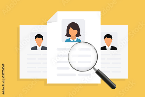 Resume with magnifying glass. The concept of finding the best candidate for a job. Selecting staff. Vector of resumes multiple people applying for work. Human resource management and hiring concept