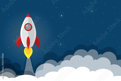 Rocket launch. Rocket with space and stars on blue background. Vector rocket image, spaceship. New project start up concept. Creative idea. Concept of business product on a market