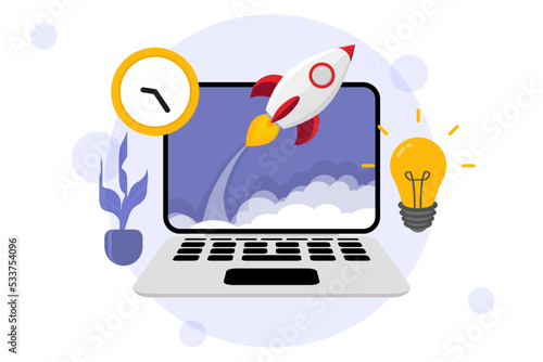 Business startup. Successful launching product with rocket concept. Creative ideas, entrepreneurial concept. Business project startup process idea through planning and strategy, time management