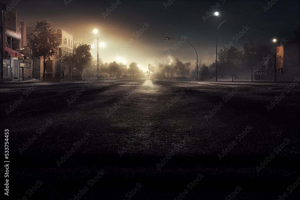 Black asphalt road and empty dark street scene background. Cracked asphalt and curve road.Road lines. Digital art