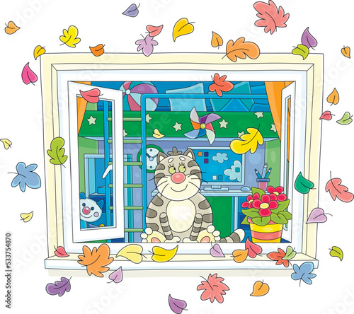 Funny plump domestic cat friendly smiling, sitting on a windowsill of an open window and watching colorful swirling leaves on a warm autumn day, vector cartoon illustration
