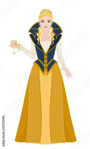 Royal medieval fashion. A young blonde in a blue high collar and a dress embroidered with gold. Historical costume. Flat vector illustration.