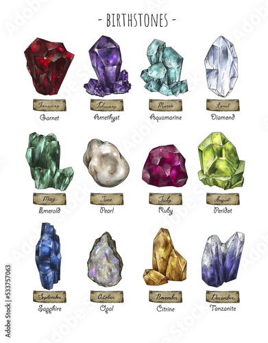 Vintage birthstones, Months gemstone, witchcraft magic illustration