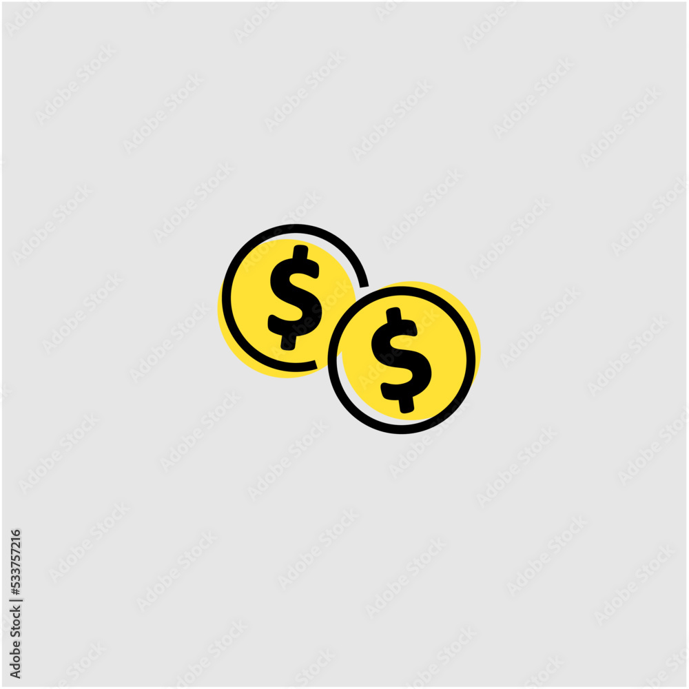 vector icon of two money coins black outline yellow color vector icon of two money coins black outline yellow color