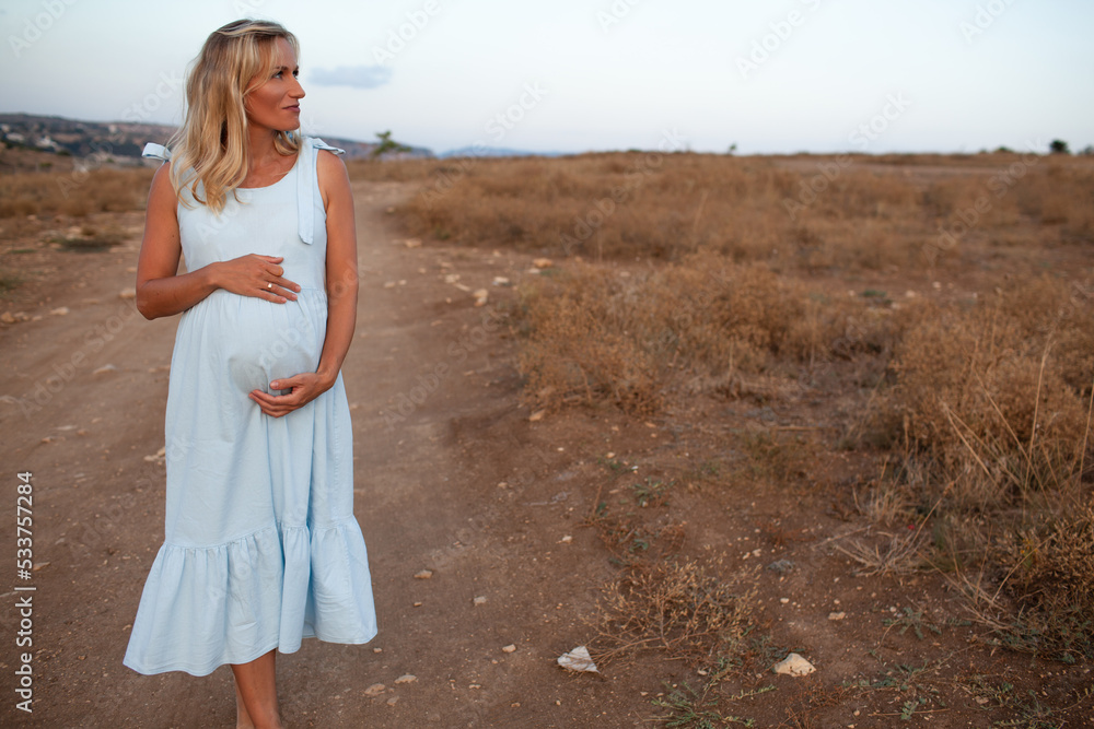 Beautiful pregnanty woman dressed blue maxi dress walking outdoor in the background the field with dry grass and sky