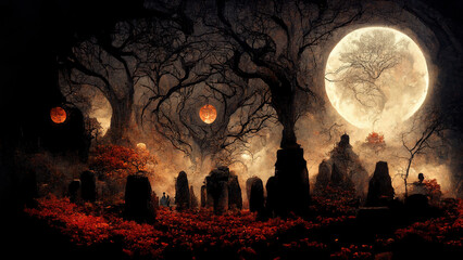 Creepy night. Halloween background. AI render.