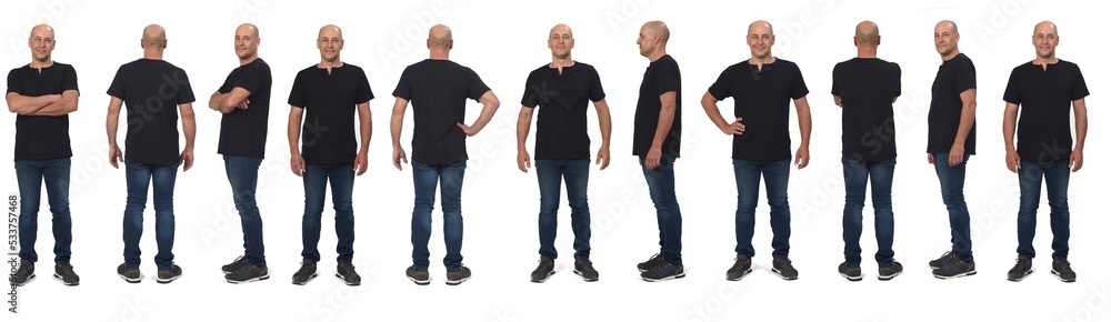line of large group of same man with casual clothing various poses on white background line of large group of same man with casual clothing various poses on white background