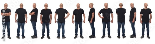 line of large group of same man with casual clothing various poses on white background