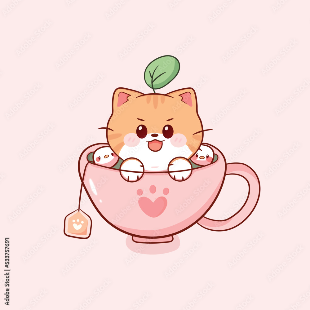 Cat. Cute cat seat coffee cup design illustration. Kid T-shirt design. Cat. Cute cat seat coffee cup design illustration. Kid T-shirt design.
