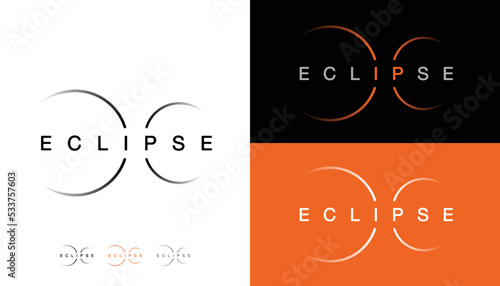 Solar eclipse astrology logo. Minimalist background with typography, shining glowing circle. Graphics resource for advertising, science, logo, icon, natural events, concept and other. Vector.