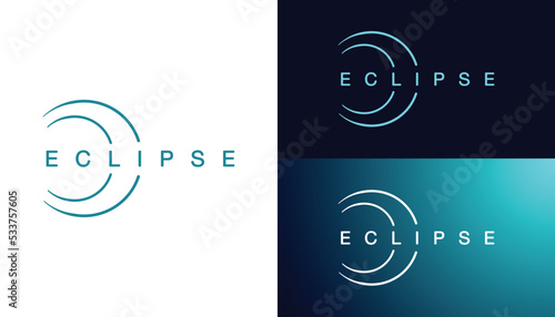 Solar eclipse astrology logo. Minimalist background with typography, shining glowing circle. Graphics resource for advertising, science, logo, icon, natural events, concept and other. Vector.