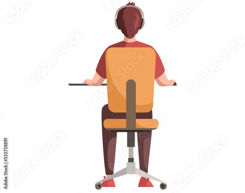 Man working on computer at desk. Back view of guy sitting on chair at workplace. Office employee during work with laptop. Company worker in headphones typing on keyboard. Male character doing job