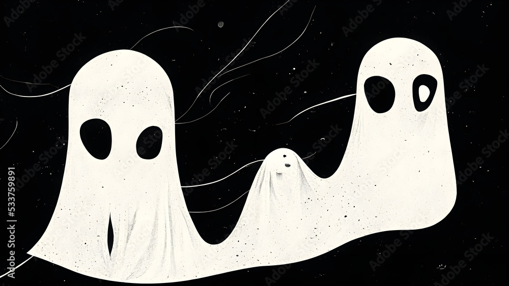Simple illustration of white halloween ghosts against a black background - obrazy, fototapety, plakaty 