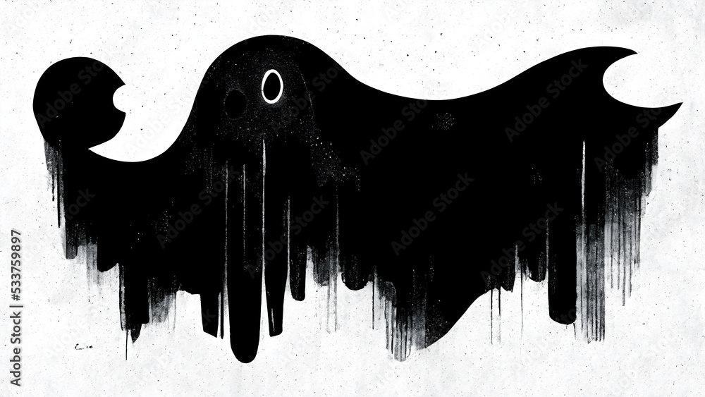 Simple illustration of white Halloween creature against a black background - obrazy, fototapety, plakaty 