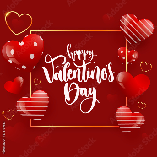 Vector Saint valentines day greeting card with hearts on red background. Printable template 3d happy valentines day
