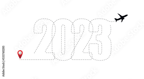 Merry Christmas and Happy New Year concept, destination with 2023 itinerary. Flat vector illustration