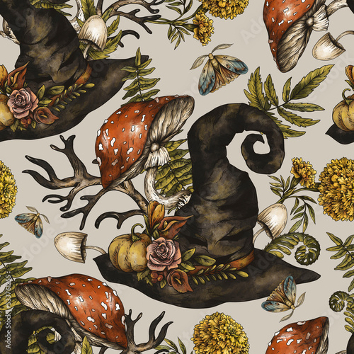 Vintage Witch Hat Seamless Pattern with Amanita Mushroom, Halloween Texture