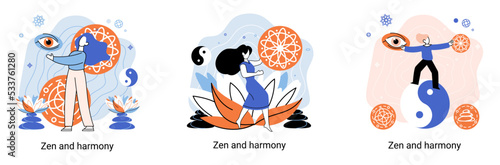 Zen and harmony metaphor, meditation practice. Balance, relaxation, mindfulness. Calm person relaxing. Yoga and spiritual practice, relax, recreation, healthy lifestyle. Japanese cult of mind and body